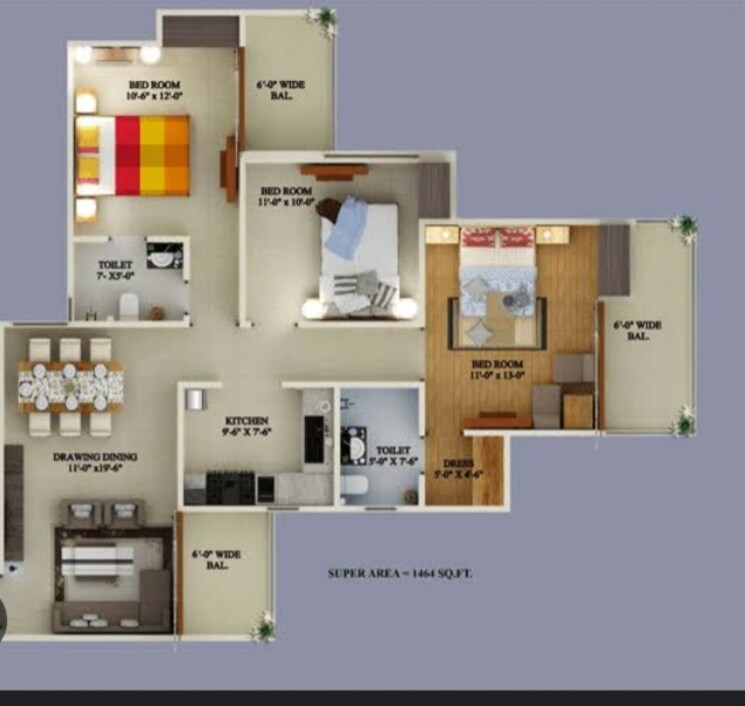 Floor Plan, supertech-ecovillage-i 3 Bedroom 1495 Sq.Ft. Apartment In Sector 1 Greater Noida Greater Noida 7917402