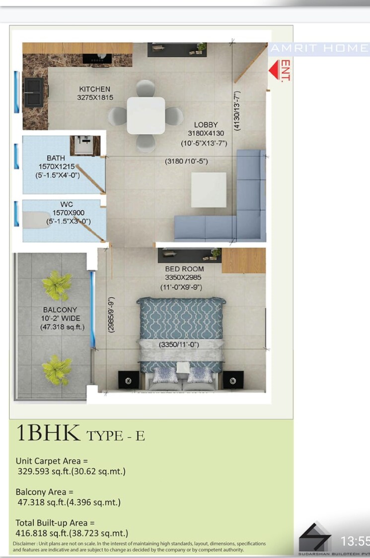 Floor Plan, sudarshan-amrit-homes 3 Bedroom 1000 Sq.Ft. Apartment In Sector 88 Faridabad 7921817