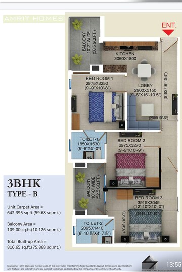Floor Plan in 3 BHK Apartment at Sudarshan Amrit Homes, Sector 88 – for Sale