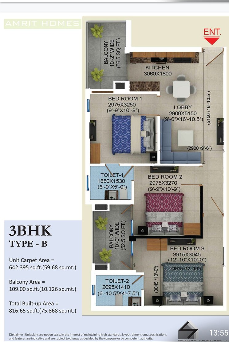 Floor Plan, sudarshan-amrit-homes 3 Bedroom 1000 Sq.Ft. Apartment In Sector 88 Faridabad 7921817