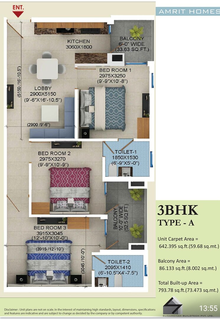 Master Bedroom, sudarshan-amrit-homes 3 Bedroom 1000 Sq.Ft. Apartment In Sector 88 Faridabad 7921861