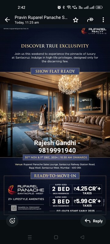 Living Room in 3 BHK Apartment at Ruparel Panache, Santacruz West – for Sale