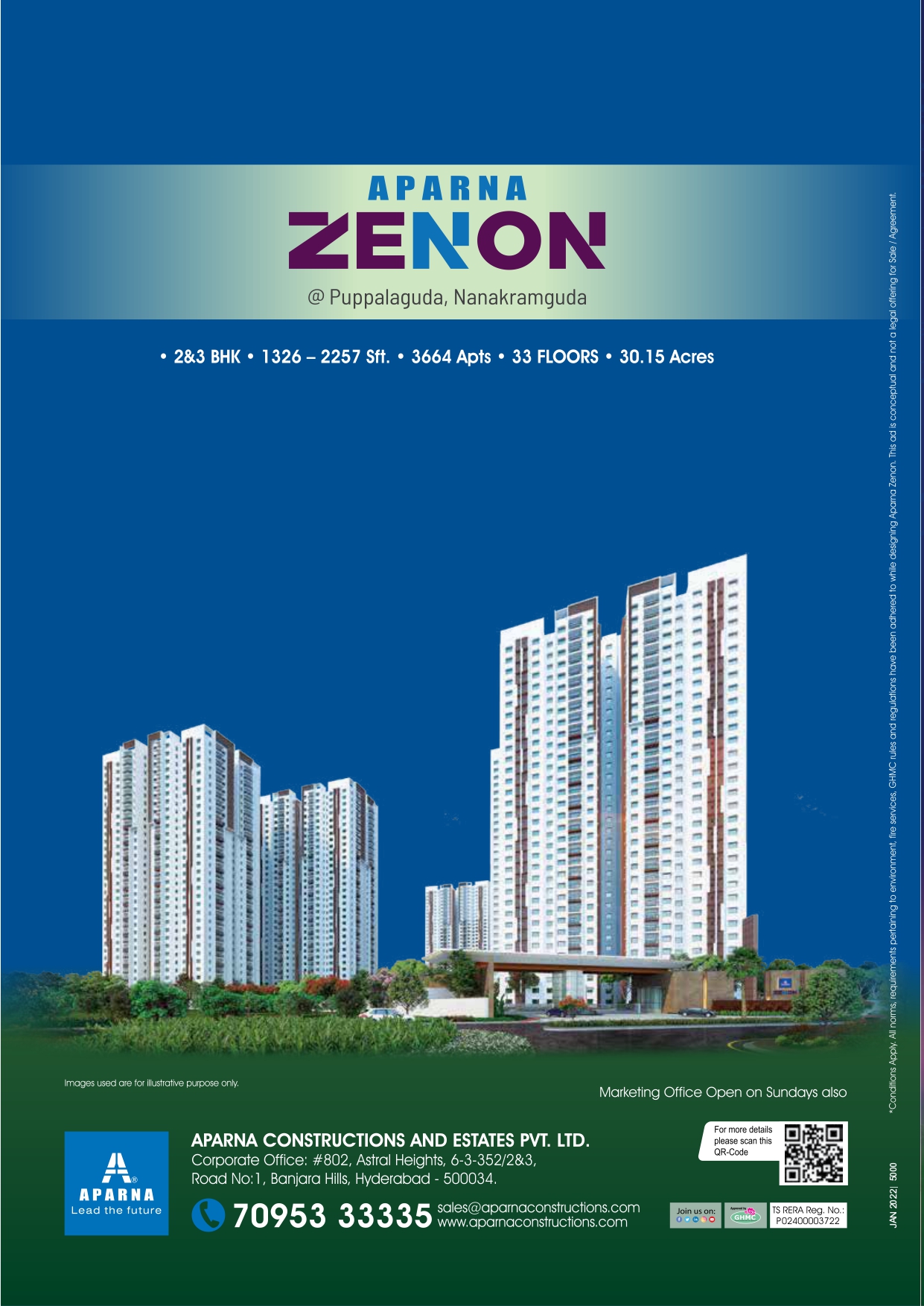2 BHK + Study Room Apartment For Sale in Aparna Zenon
