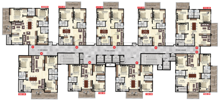 Floor Plan, narsingi 3 Bedroom 1390 Sq.Ft. Apartment In Narsingi Hyderabad 7952158