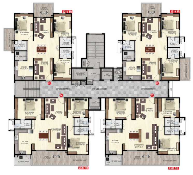 Floor Plan, narsingi 3 Bedroom 1390 Sq.Ft. Apartment In Narsingi Hyderabad 7952158