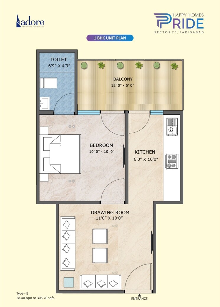 Floor Plan, adore-happy-homes-pride 1 Bedroom 318 Sq.Ft. Apartment In Sector 75 Faridabad 7961695