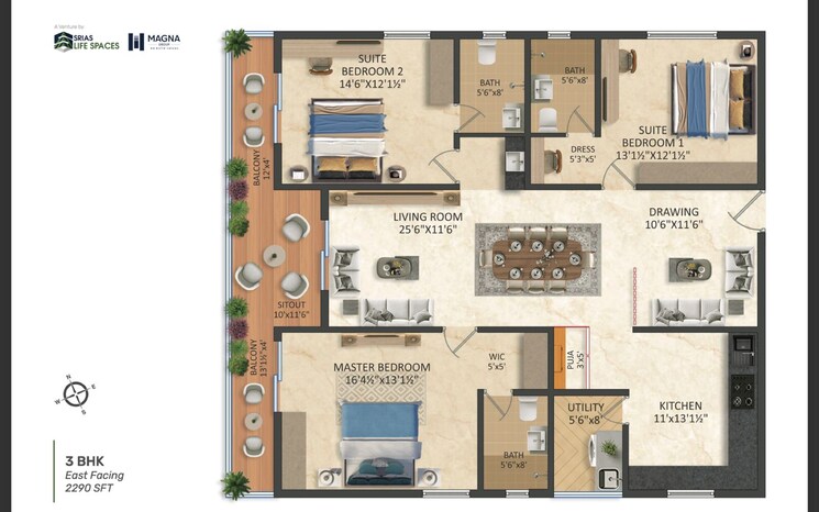 Floor Plan, srias-iwa 3 Bedroom 2290 Sq.Ft. Apartment In Manikonda Hyderabad 7964305