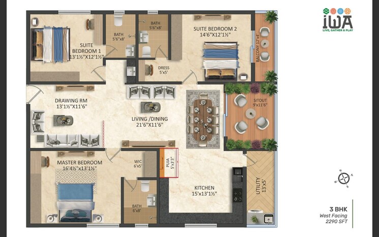 Floor Plan, srias-iwa 3 Bedroom 2290 Sq.Ft. Apartment In Manikonda Hyderabad 7964347