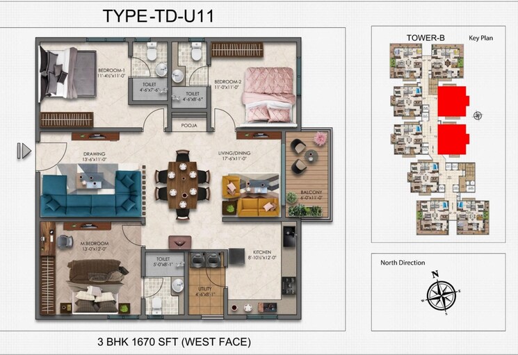 Floor Plan, narsingi 3 Bedroom 1670 Sq.Ft. Apartment In Narsingi Hyderabad 7969179