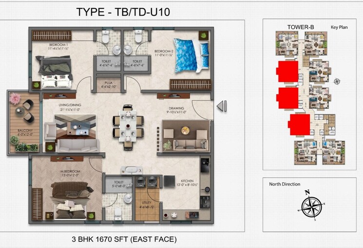 Floor Plan, narsingi 3 Bedroom 1670 Sq.Ft. Apartment In Narsingi Hyderabad 7969187