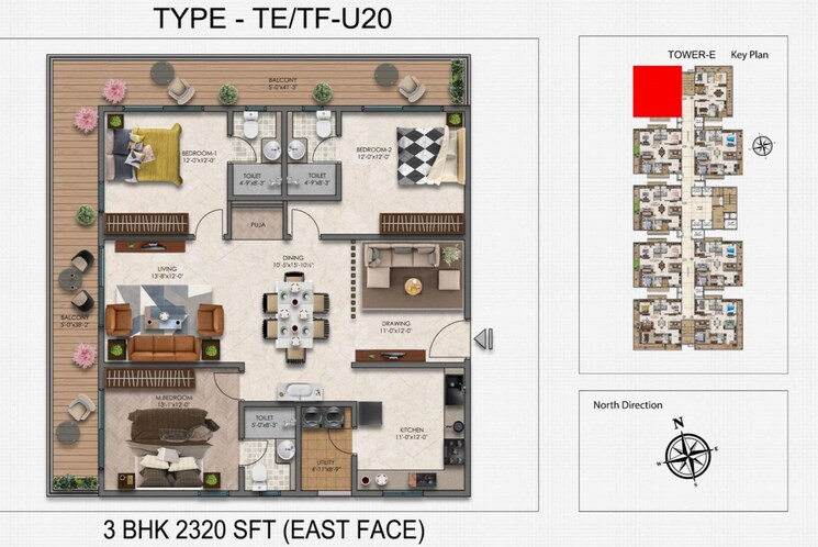 Floor Plan, narsingi 3 Bedroom 2320 Sq.Ft. Apartment In Narsingi Hyderabad 7969274
