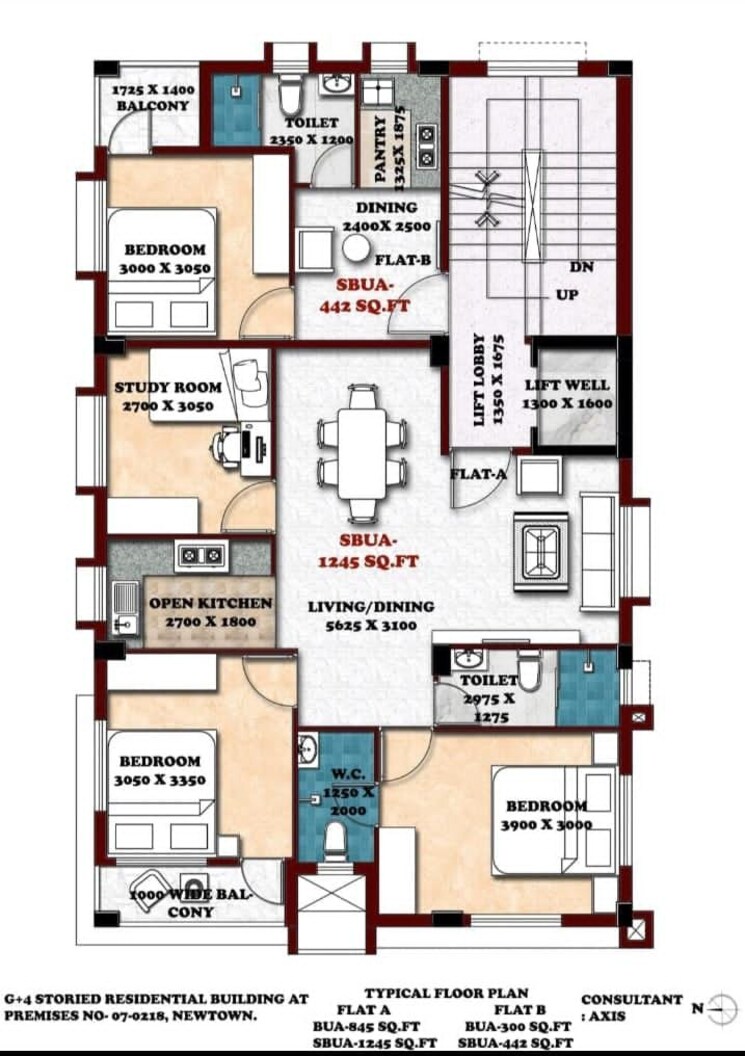 Floor Plan, new town action area 1 3 Bedroom 1245 Sq.Ft. Builder Floor In New Town Action Area 1 Kolkata 7969339