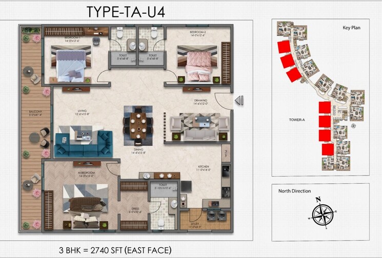 Floor Plan, narsingi 3 Bedroom 2740 Sq.Ft. Apartment In Narsingi Hyderabad 7969310