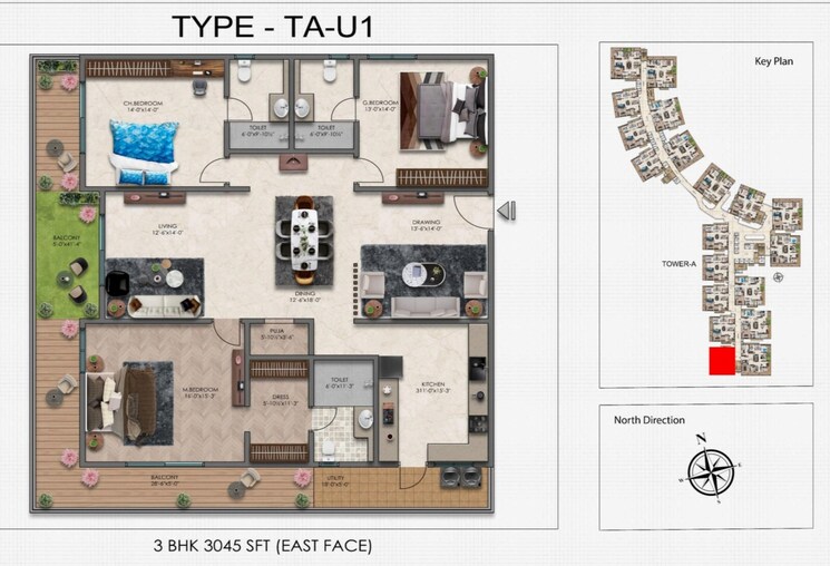 Floor Plan, narsingi 3 Bedroom 3045 Sq.Ft. Apartment In Narsingi Hyderabad 7969318