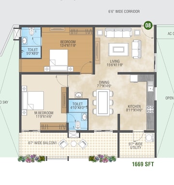 Floor Plan in 3 BHK Apartment at Pragathi Green Woods, Bowrampet – for Sale
