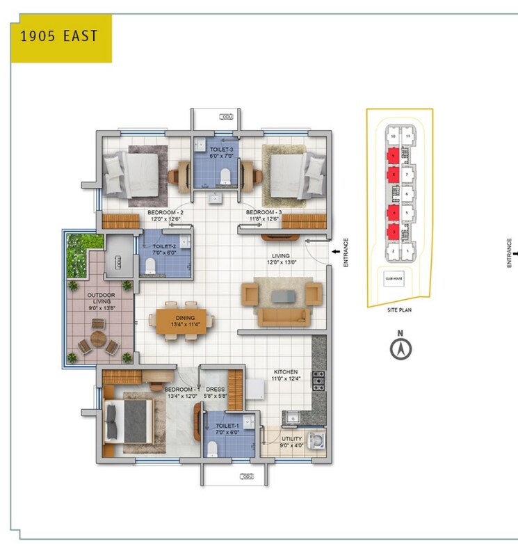 Floor Plan, asbl-spire 3 Bedroom 1905 Sq.Ft. Apartment In Kokapet Hyderabad 7986159