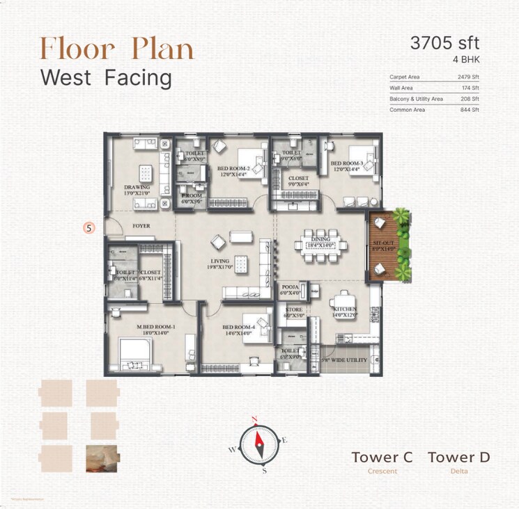 Floor Plan, rajapushpa-infina 4 Bedroom 3705 Sq.Ft. Apartment In Manchirevula Hyderabad 7989285
