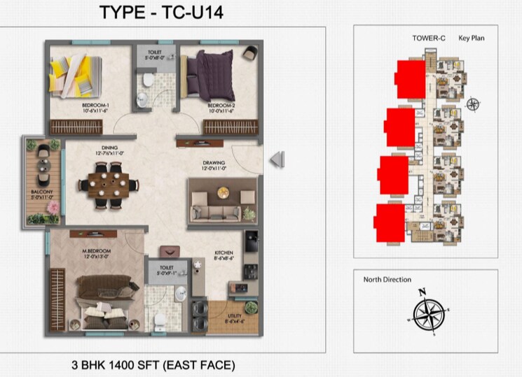 Floor Plan, narsingi 3 Bedroom 1400 Sq.Ft. Apartment In Narsingi Hyderabad 7989370