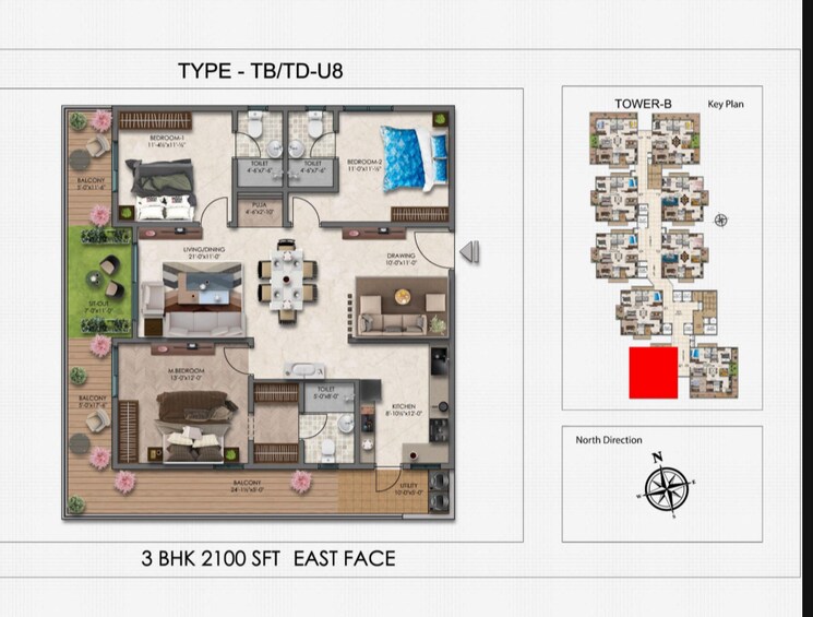 Floor Plan, narsingi 3 Bedroom 2100 Sq.Ft. Apartment In Narsingi Hyderabad 7989515