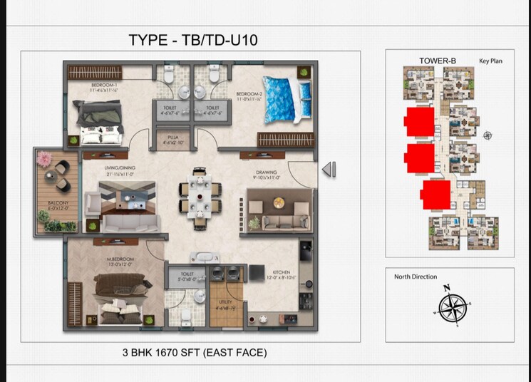 Floor Plan, narsingi 3 Bedroom 1670 Sq.Ft. Apartment In Narsingi Hyderabad 7990090