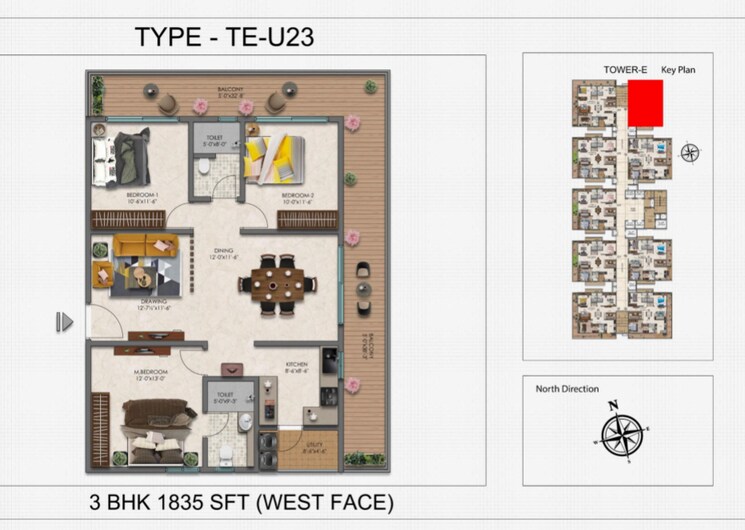 Floor Plan, narsingi 3 Bedroom 1835 Sq.Ft. Apartment In Narsingi Hyderabad 7990122