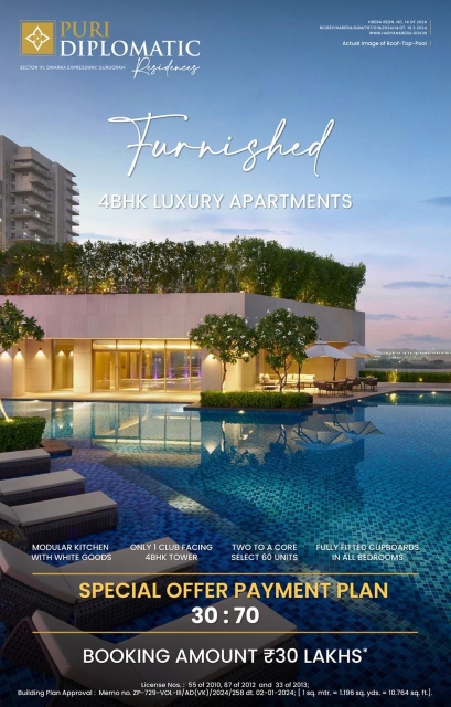 3.5 BHK + Servant Room Apartment For Sale in Puri Diplomatic Residences