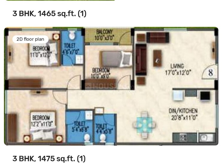 Floor Plan, gunina-mellow 3 Bedroom 1465 Sq.Ft. Apartment In Jp Nagar Bangalore 7998838