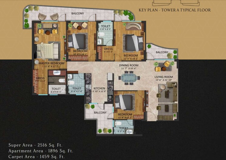 Master Bedroom, oxirich-chintamani 4 Bedroom 2516 Sq.Ft. Apartment In Sector 103 Gurgaon 8000326