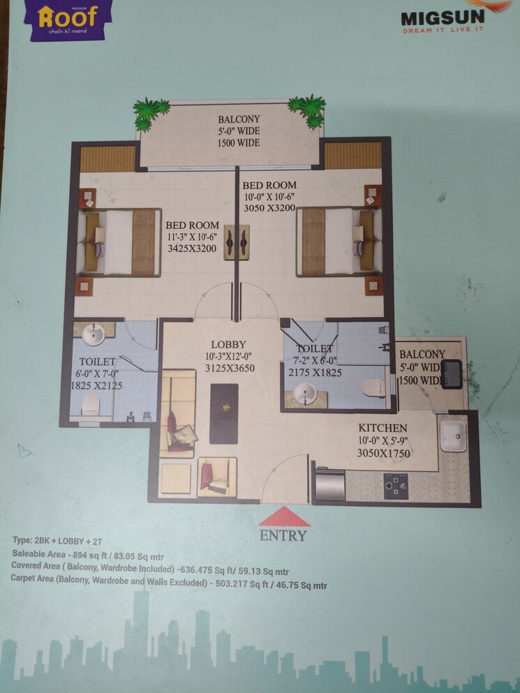 Floor Plan, migsun-roof 2 Bedroom 894 Sq.Ft. Apartment In Raj Nagar Extension Ghaziabad 8001964