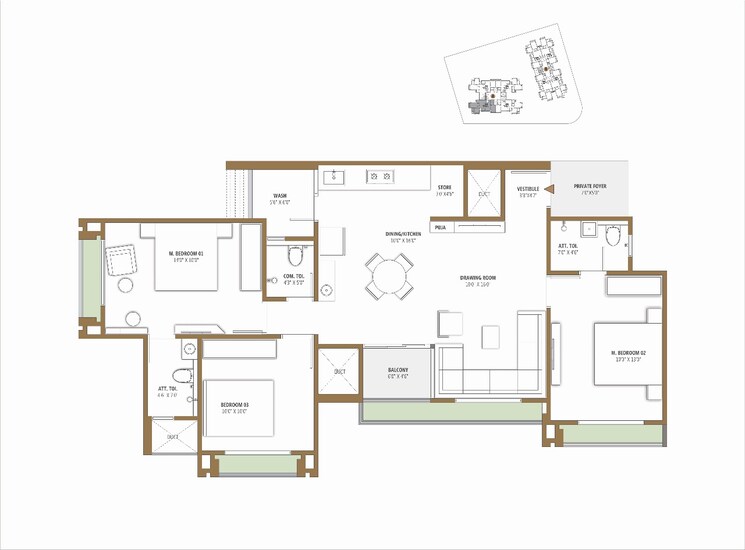 Floor Plan, zundal 3 Bedroom 1845 Sq.Ft. Apartment In Zundal Ahmedabad 8007195