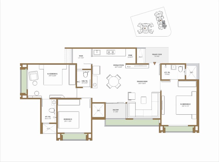 Floor Plan, zundal 3 Bedroom 1845 Sq.Ft. Apartment In Zundal Ahmedabad 8007195