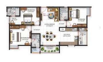 Floor Plan in 3 BHK Apartment at SBR One Residence, Whitefield – for Sale