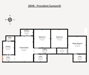 Floor Plan in 3 BHK Apartment at Provident Sunworth, Kambipura – for Sale