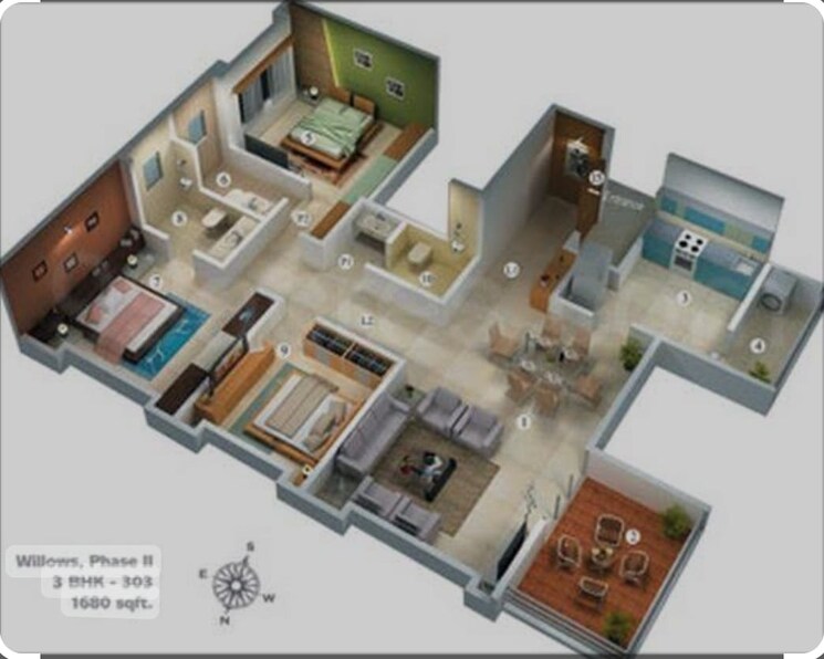 Floor Plan, vascon-willows 3 Bedroom 1680 Sq.Ft. Apartment In Baner Pune 8031334