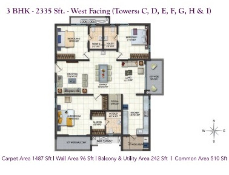 Floor Plan, rajapushpa-provincia 3 Bedroom 2335 Sq.Ft. Apartment In Narsingi Hyderabad 8031404