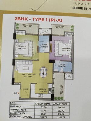 Floor Plan in 2 BHK Apartment at SLF Anushree, Sector 75 – for Sale