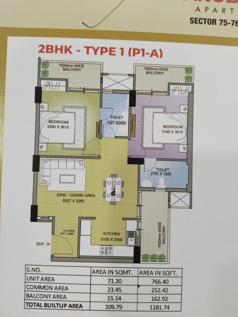 Floor Plan, slf-anushree 2 Bedroom 1200 Sq.Ft. Apartment In Sector 75 Faridabad 8042731
