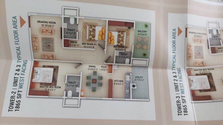 Floor Plan, mahaveer-crystal-garden 3 Bedroom 1840 Sq.Ft. Apartment In Attapur Hyderabad 8047397