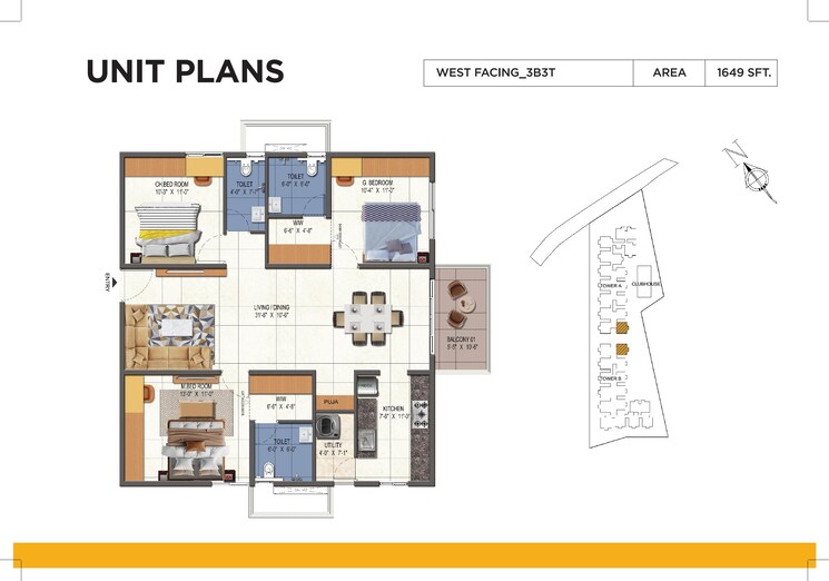 Floor Plan, urbanrise-opulence 3 Bedroom 1649 Sq.Ft. Apartment In Bachupally Hyderabad 8050165