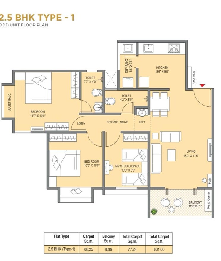 Floor Plan, rama-metro-life-optima 2.5 Bedroom 831 Sq.Ft. Apartment In Tathawade Pune 8050469