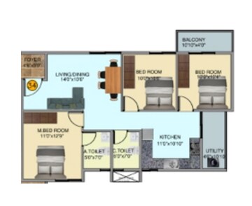 Floor Plan in 3 BHK Apartment at DS Max Sky Shubham, Kr Puram – for Sale