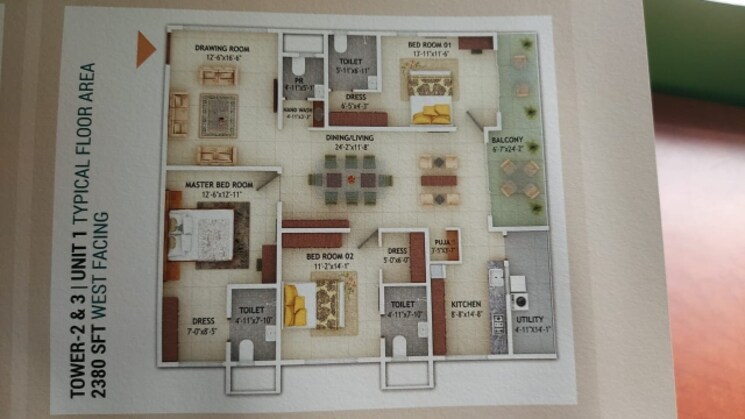 Floor Plan, mahaveer-crystal-garden 3 Bedroom 1640 Sq.Ft. Apartment In Attapur Hyderabad 8055784