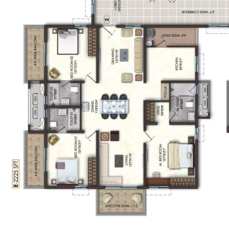 Floor Plan, lansum-el-dorado 3 Bedroom 2225 Sq.Ft. Apartment In Narsingi Hyderabad 8056118