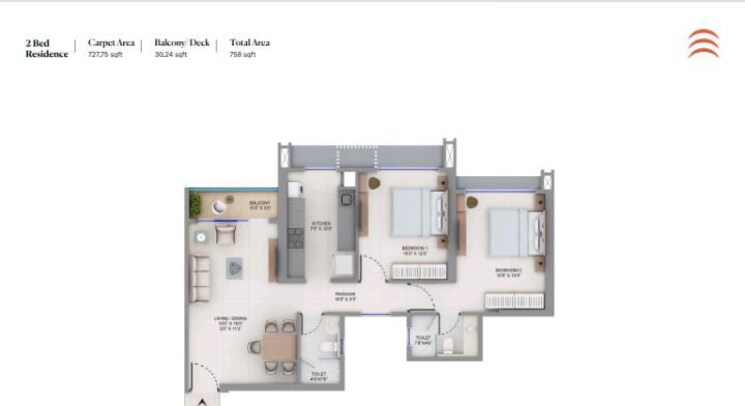Floor Plan, supreme-boulevard 2 Bedroom 758 Sq.Ft. Apartment In Chembur Mumbai 8056382