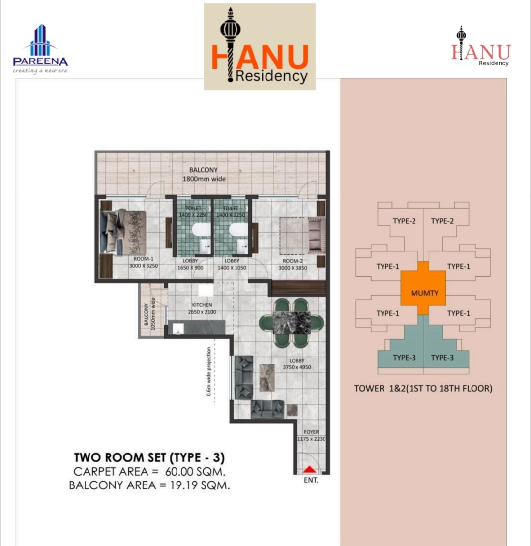 2 BHK 850 Sq.Ft. Apartment in Pareena Hanu Residency