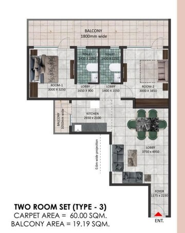 Floor Plan in 2 BHK Apartment at Pareena Hanu Residency, Sector 68 – for Sale