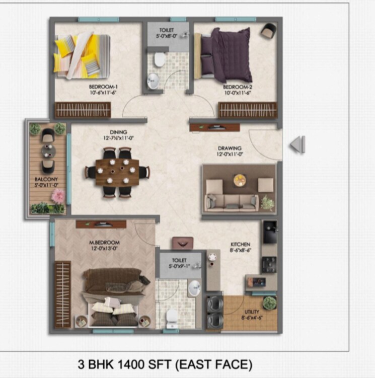 Floor Plan, narsingi 3 Bedroom 1400 Sq.Ft. Apartment In Narsingi Hyderabad 8067339