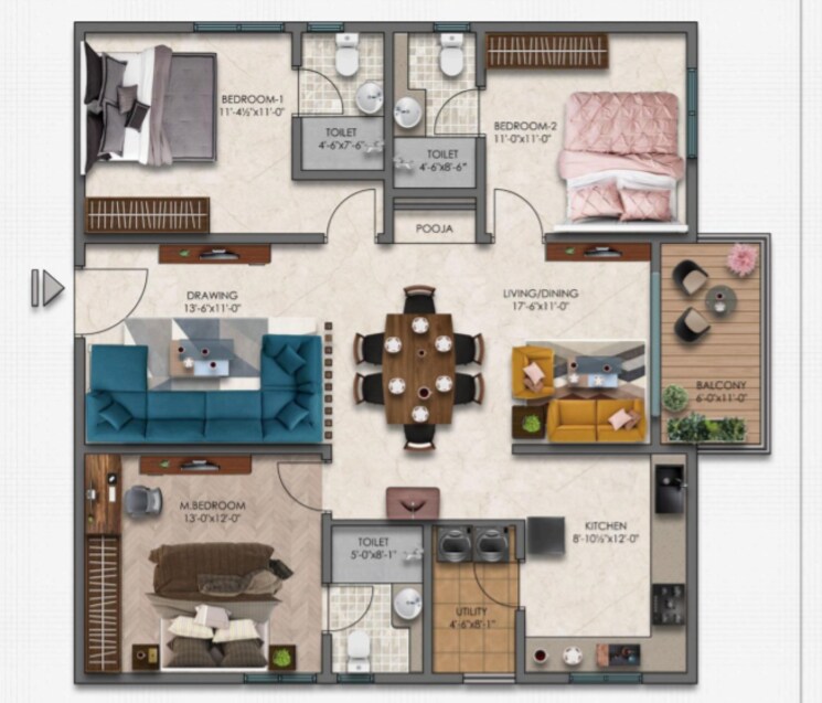 Floor Plan, narsingi 3 Bedroom 1670 Sq.Ft. Apartment In Narsingi Hyderabad 8067355