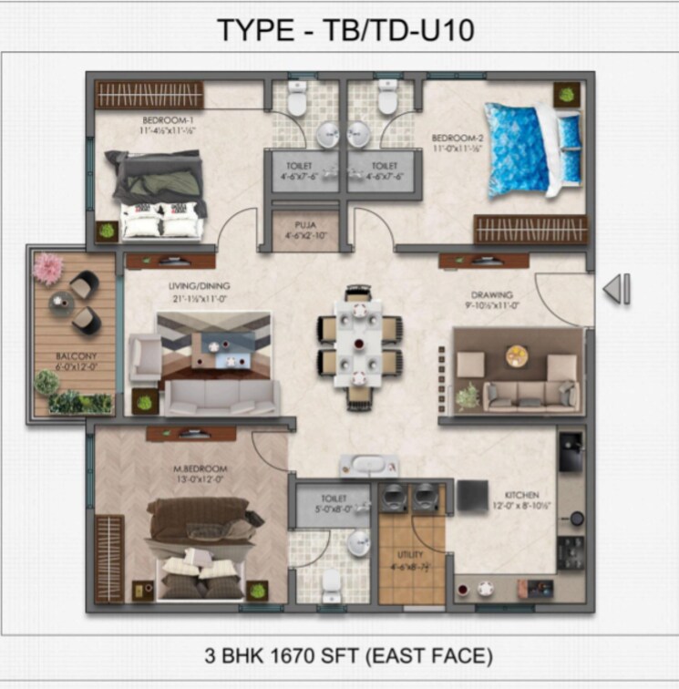 Floor Plan, narsingi 3 Bedroom 1670 Sq.Ft. Apartment In Narsingi Hyderabad 8067372