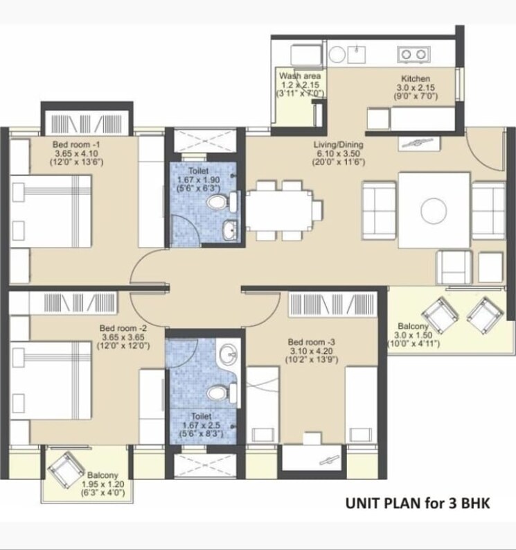 Floor Plan, jatkhedi 3 Bedroom 1000 Sq.Ft. Apartment In Jatkhedi Bhopal 8076430